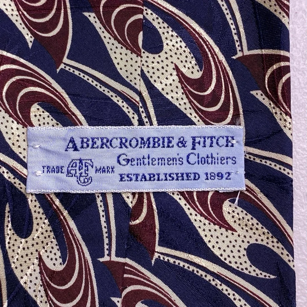 90s Abercrombie Fitch Tie 56.5x3.75 Silk Blue Red Cream Abstract USA Preppy